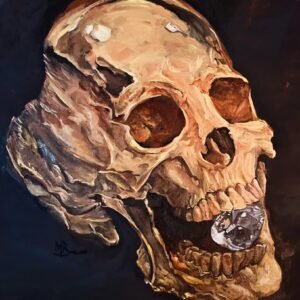 AMOR FATI
24x24 Oil on canvas 

​🖼️ Artwork Details
​Artist: Matthew Bishop
​Medium: Oil on Canvas
​Theme: Memento Mori / Vanitas

​Detailed Description 
​The piece features a dramatically lit , highly textured gold human skull rendered in warm, earthy tones of ochre, sienna, and bone white. The skull is positioned against a somber, dark background, which highlights the decay and rugged surface of the bone through strong chiaroscuro lighting.
​The striking focal point is a large, brilliant-cut diamond wedged between the teeth. This element brilliantly contrasts the fragility and inevitable decay of the flesh (represented by the skull) with the cold, enduring beauty and material value of the jewel. The painting thus explores the classic Vanitas theme, reminding the viewer of the transient nature of wealth and earthly possessions in the face of mortality.
​The artist's expressive, visible brushwork gives the skull an aged, almost sculptural quality, while the diamond is rendered with precise, reflective detail.