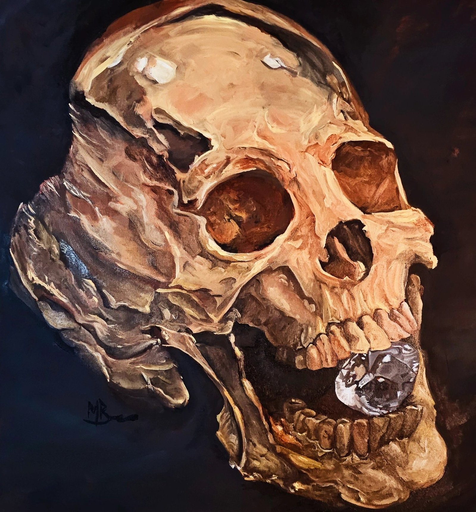 AMOR FATI
24x24 Oil on canvas
🖼️ Artwork Details
Artist: Matthew Bishop
Medium: Oil on Canvas
Theme: Memento Mori / Vanitas
Detailed Description
The piece features a dramatically lit , highly textured gold human skull rendered in warm, earthy tones of ochre, sienna, and bone white. The skull is positioned against a somber, dark background, which highlights the decay and rugged surface of the bone through strong chiaroscuro lighting.
The striking focal point is a large, brilliant-cut diamond wedged between the teeth. This element brilliantly contrasts the fragility and inevitable decay of the flesh (represented by the skull) with the cold, enduring beauty and material value of the jewel. The painting thus explores the classic Vanitas theme, reminding the viewer of the transient nature of wealth and earthly possessions in the face of mortality.
The artist's expressive, visible brushwork gives the skull an aged, almost sculptural quality, while the diamond is rendered with precise, reflective detail.