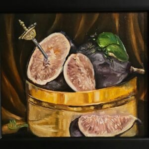 "SCARABS DELIGHT" by Matthew M. Bishop
8x10 Oil on canvas Framed

​Dive into the opulent, symbolic world of Matthew M. Bishop's still life, "SCARABS DELIGHT."
​This piece combines rich, Dutch-inspired tones with ancient symbolism:
​The Figs: Sliced open and tempting, the figs traditionally represent sensuality, temptation, and the fleeting nature of pleasure (a classic Vanitas theme).
​The Dagger: Plunged dramatically into the fruit, the small sword adds a dark note of sacrifice or swift mortality.
​The Scarab: Perched regally on the ripe fruit, the beetle is the ultimate symbol of rebirth, resurrection, and eternity from Ancient Egypt.
​It’s a powerful conversation between life, death, and desire—where eternal renewal (the Scarab) rests upon transient earthly pleasures (the Fig).
